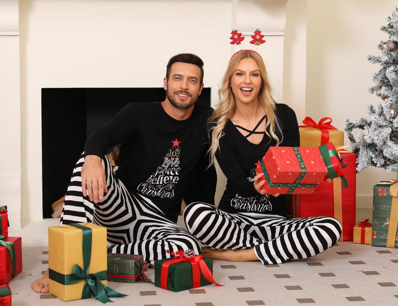 iClosam Matching Family Pajamas Set Striped Christmas Pajamas Sleepwear Dad Mom PJs Black - Image 5